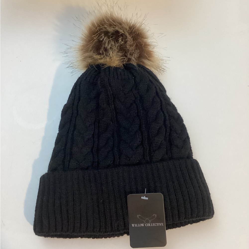 Willow Collective black cable knit beanie hat, fleece lined
